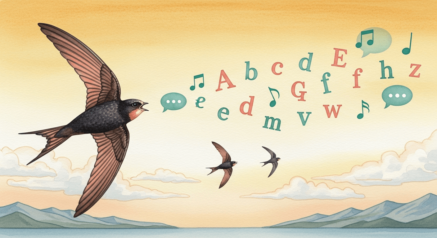 Illustrated swift flying above distant mountains and the ocean